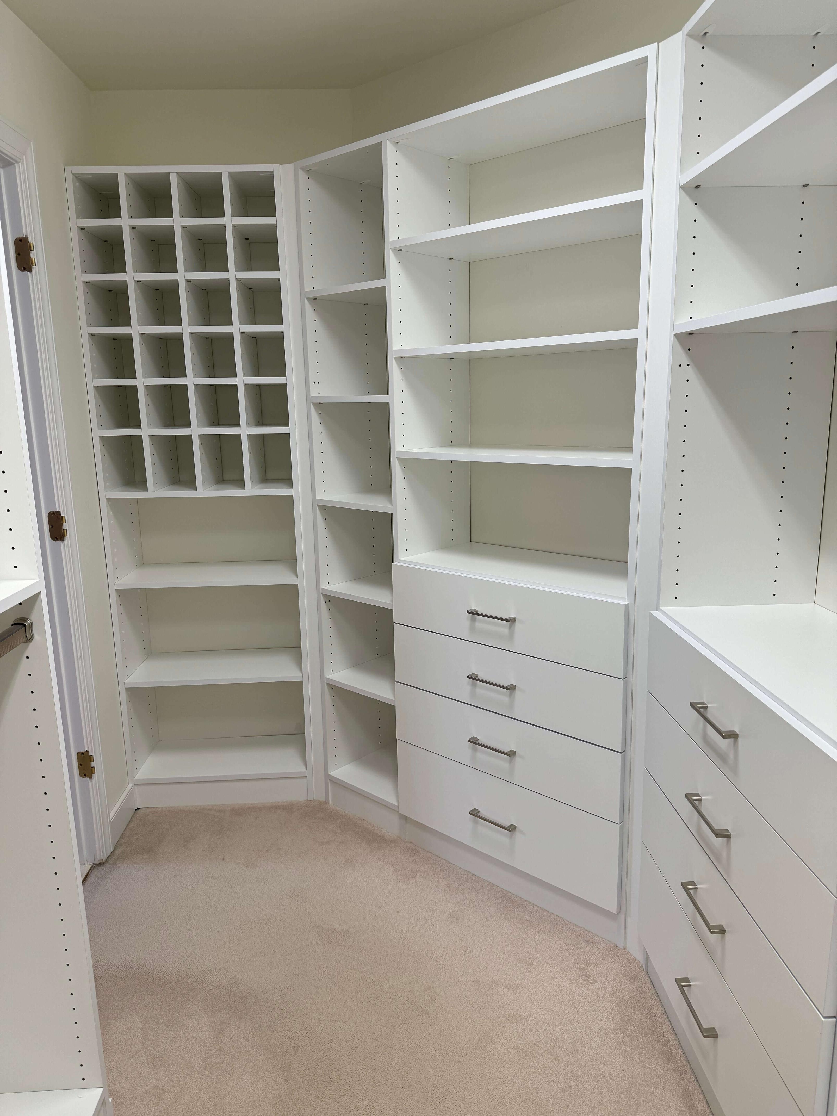 White Custom Closet System with Shelves and Drawers Maximizing Space in Richmond, VA